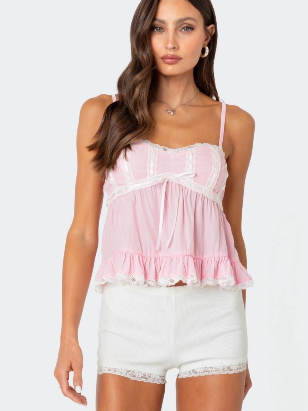 Edikted Lace Trim Pink Babydoll Tank Top